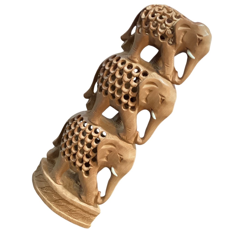 Hand Carved Wooden Stacked Elephant Tower Lattice Openwork Sculpture 8.5 Inch